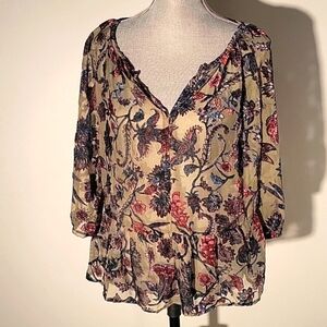 Faded Glory Women's Multicolor Floral V Neck 3/4 Sleeve Blouse Top, Size S (4-6)